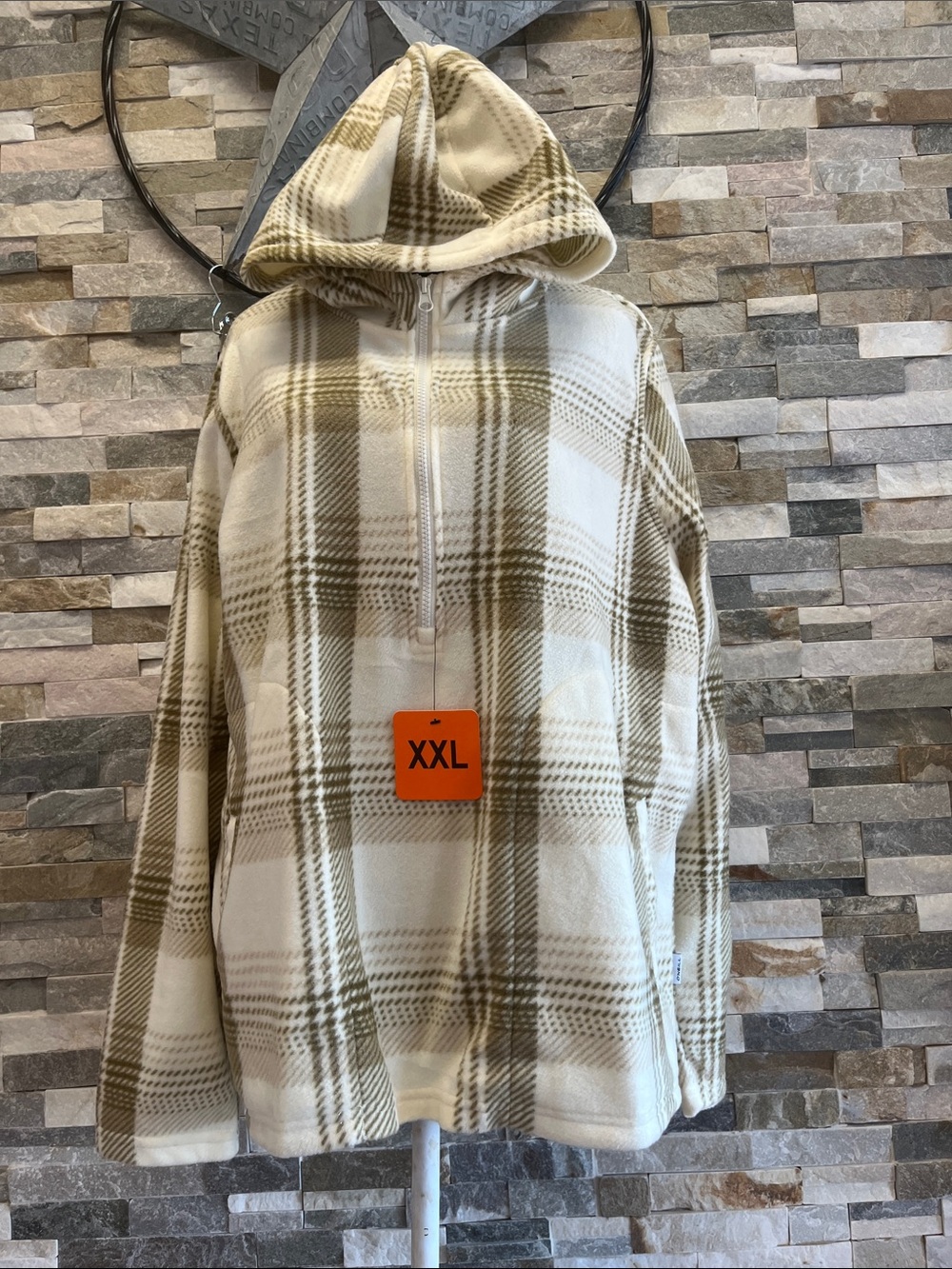 O’Neill Plaid Half-Zip Hooded Pullover Sweatshirt - White & Olive